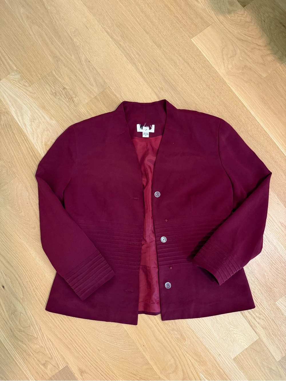 Vintage Silk Blazer Sz 12 Burgundy Pintuck Collarless Jacket Quiet Luxury
